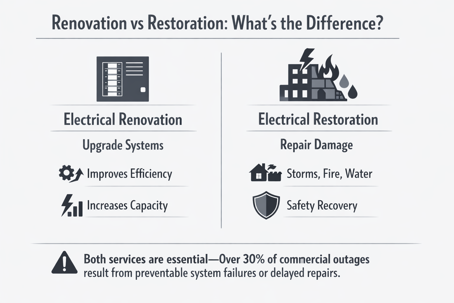 Comparison infographic showing electrical renovation upgrades versus restoration repairs in commercial buildings.