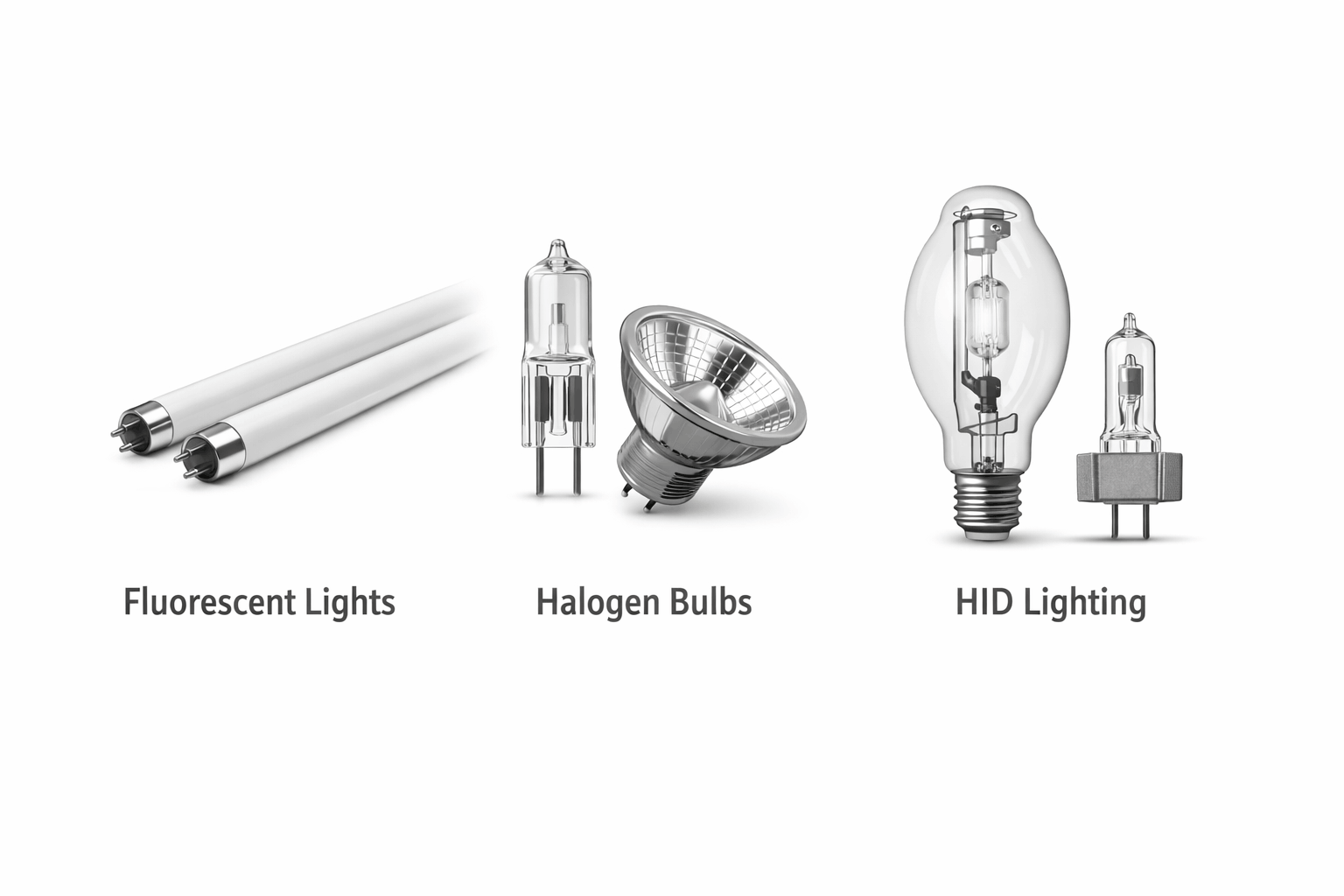 Minimalist grayscale image showing fluorescent lights, halogen bulbs, and HID lighting side by side with clear labels.