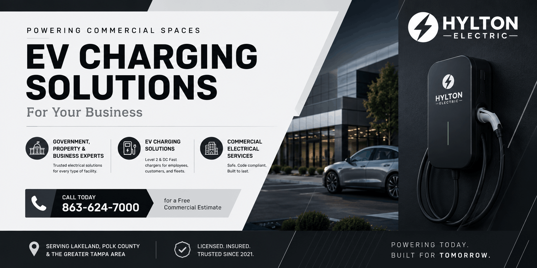 Minimalist CTA banner showing Hylton Electric service areas, EV charging solutions, and contact details for commercial electrical services
