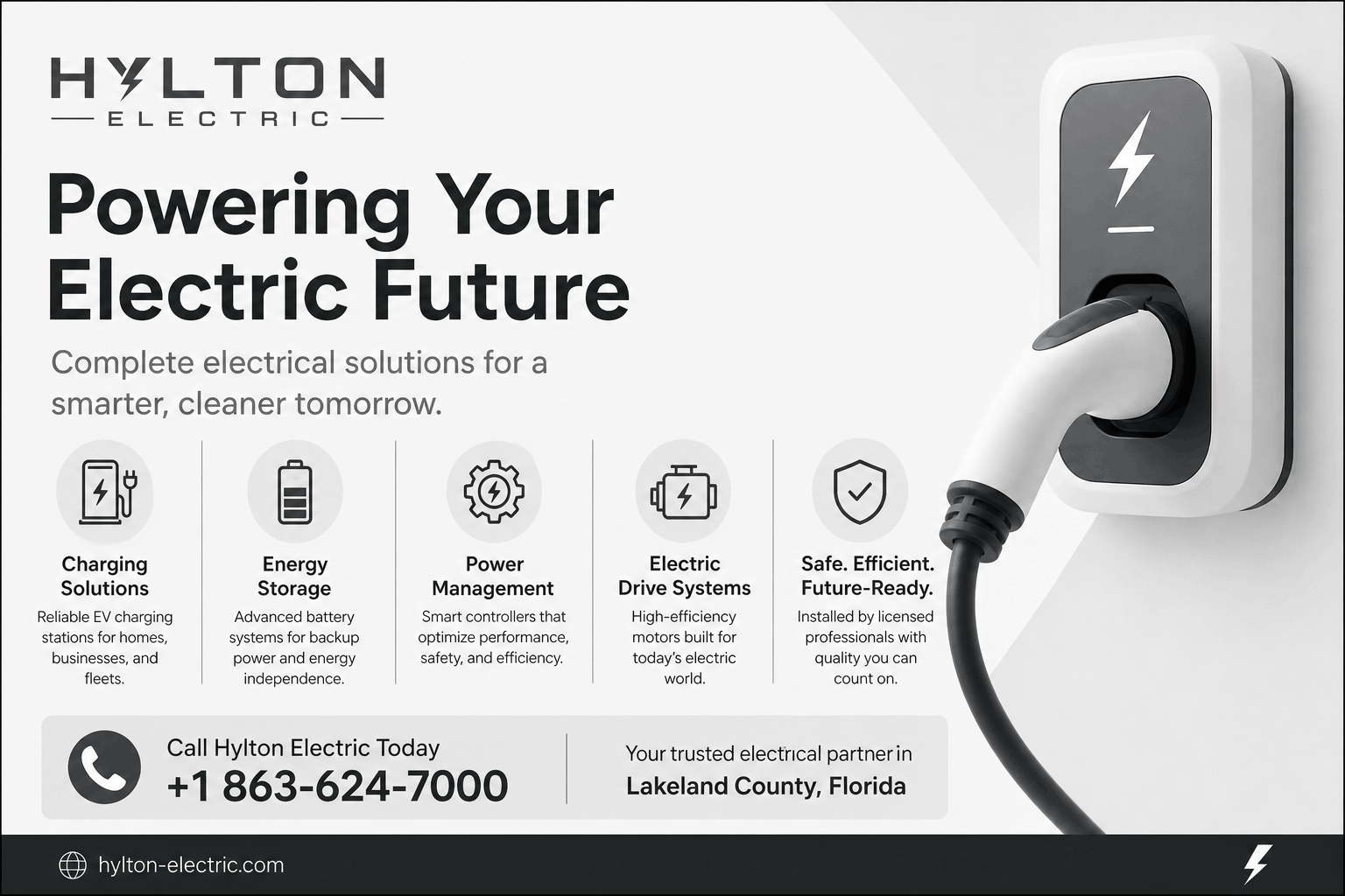 Modern EV charging infographic by Hylton Electric showing electric vehicle solutions including charging systems, battery storage, smart controls, and electric drive components in a clean grey layout.