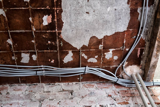 New electrical installation, socket and electrical cables on the wall, renovation concept