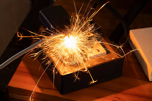 Electrical short circuit with sparks in a power strip. Overloaded socket fire hazard concept. Danger of electricity at home, faulty wiring and domestic accident prevention Filming in the studio