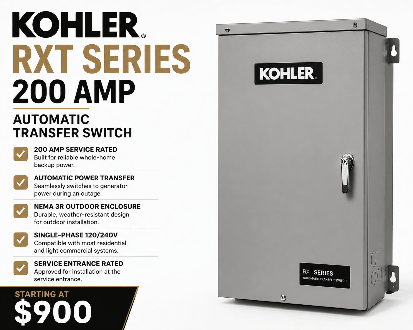 Kohler RXT Series 200 Amp automatic transfer switch with service-rated design, NEMA 3R weather-resistant enclosure, and automatic utility-to-generator power transfer for residential standby generator systems.