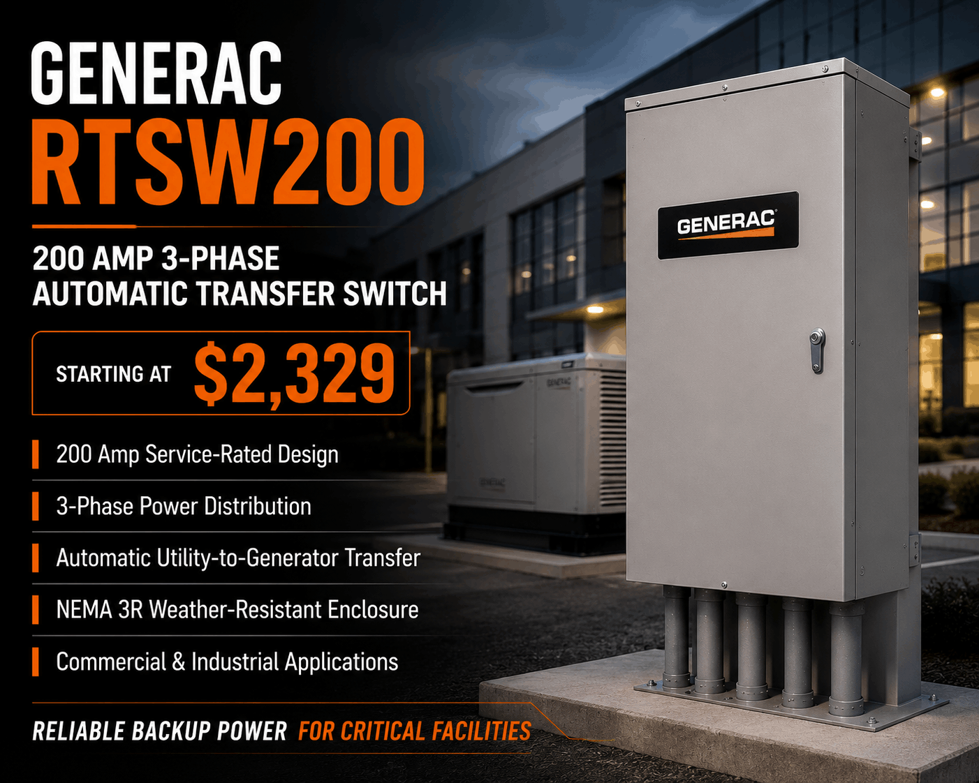 Generac RTSW200 200 amp 3-phase automatic transfer switch installed outside a commercial building, featuring a service-rated design, NEMA 3R weather-resistant enclosure, automatic utility-to-generator power transfer, and industrial backup power capabilities.