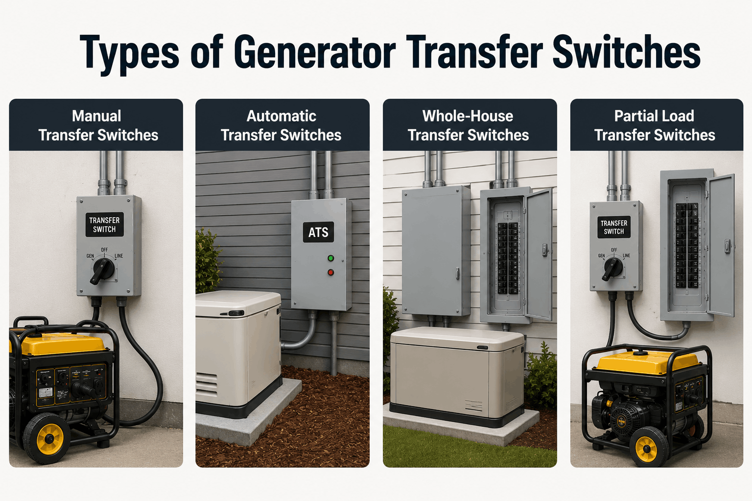 Types of Generator Transfer Switches Not all transfer switches work the same way. The best option for your property depends on the type of generator you own, how much power you need during an outage, and your budget. Some systems are designed to power a few essential circuits. Others can support larger electrical loads and more complex backup power setups. Understanding the differences can help you choose a solution that fits your needs today and in the future. Manual Transfer Switches A manual transfer switch is the most common option used with portable generators. As the name suggests, the property owner manually switches from utility power to generator power when an outage occurs. The process is simple: Start the generator. Connect it to the power inlet. Move the transfer switch to generator mode. Restore power to selected circuits. Once utility power returns, you switch the system back to normal operation. Many homeowners prefer manual transfer switches because they are reliable, straightforward, and cost-effective. Benefits of a Manual Transfer Switch Lower installation cost Simple operation Reliable performance Ideal for portable generators Easier maintenance requirements For most residential properties in Lakeland and surrounding Florida communities, a manual transfer switch provides a practical balance between safety and affordability. Automatic Transfer Switches An automatic transfer switch works differently. Instead of requiring someone to operate the switch manually, the system detects a power outage and automatically transfers electrical loads to a backup power source. These systems are most commonly paired with standby generators rather than portable generators. When utility power returns, the transfer switch automatically reconnects the property to the electrical grid. This process happens without the homeowner or facility manager doing anything. Benefits of an Automatic Transfer Switch Automatic operation Faster power restoration Convenient during emergencies Ideal for critical systems Reduced downtime Automatic transfer switches are often used in healthcare facilities, commercial buildings, manufacturing plants, and other locations where uninterrupted power is important. Whole-House Transfer Switches Some property owners want backup power for nearly every circuit in the building. In these situations, a whole-house transfer switch may be the right solution. These systems are typically paired with larger standby generators that can handle substantial electrical loads. Depending on the generator size, a whole-house system may support: Air conditioning systems Refrigerators and freezers Lighting circuits Kitchen appliances Water heaters Home offices Entertainment systems While whole-house backup power offers the highest level of convenience, it also requires larger equipment and a larger investment. Partial Load Transfer Switches Many homeowners do not need to power every circuit during an outage. Instead, they focus on keeping the most important equipment running. This is where a partial load transfer switch becomes an excellent option. A partial load setup allows selected circuits to receive generator power while non-essential circuits remain off. Common examples include: Refrigerators Lighting Internet equipment Medical devices Well pumps Garage door openers Because fewer circuits are connected, partial load systems often work well with portable generators and can reduce installation costs. Which Transfer Switch Is Best? There is no single answer for every property. The right transfer switch depends on several factors, including: Generator size Property size Electrical load requirements Budget Future expansion plans Backup power goals For example, a homeowner preparing for hurricane season may only need a manual transfer switch connected to essential circuits. A business owner concerned about downtime may benefit from a more advanced backup power solution. An industrial facility may require a custom-designed system that supports critical equipment and operational continuity. This is why professional planning is important before purchasing equipment.