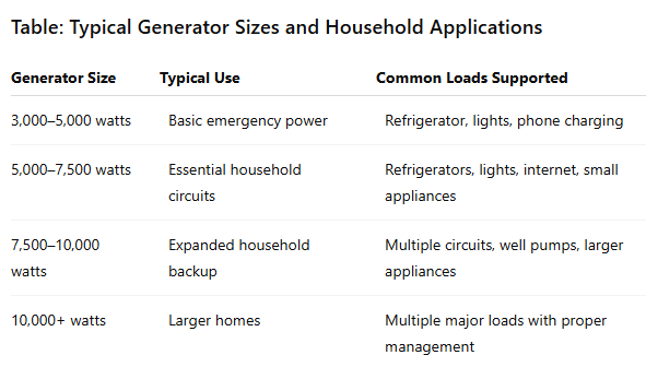 Table: Typical Generator Sizes and Household Applications