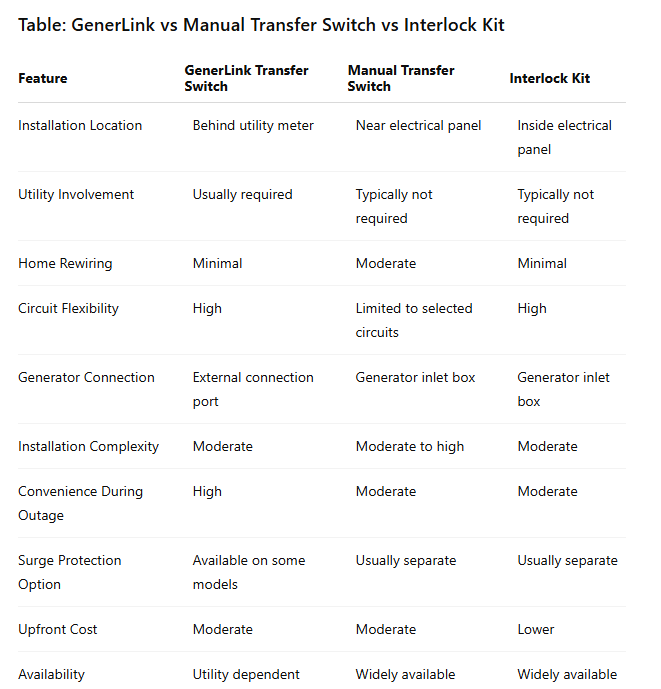 Table: GenerLink vs Manual Transfer Switch vs Interlock Kit