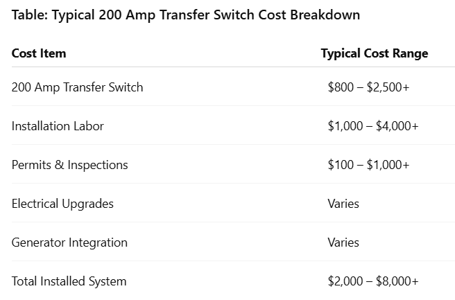 Table: Typical 200 Amp Transfer Switch Cost Breakdown