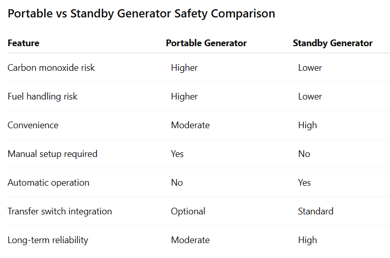 Portable vs Standby Generator Safety Comparison