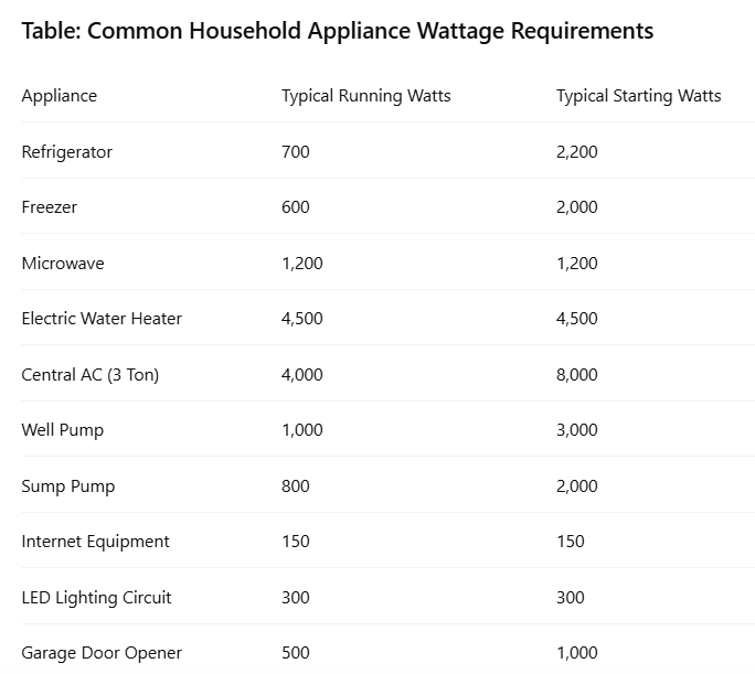 Table: Common Household Appliance Wattage Requirements
