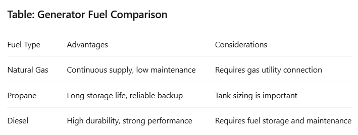 Table: Generator Fuel Comparison