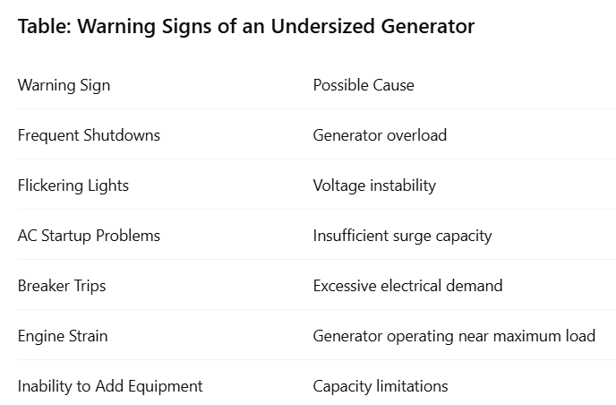Table: Warning Signs of an Undersized Generator