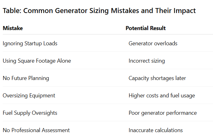 Table: Common Generator Sizing Mistakes and Their Impact