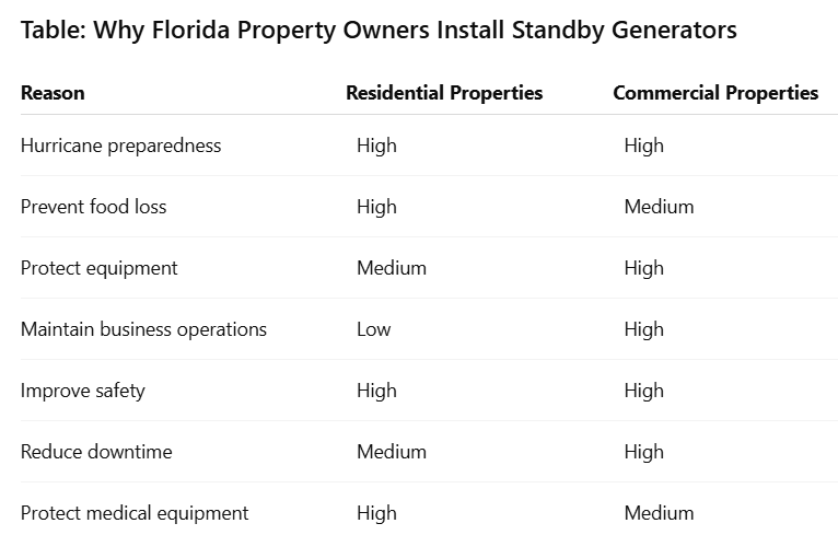 Table: Why Florida Property Owners Install Standby Generators