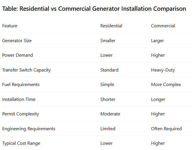 Table: Residential vs Commercial Generator Installation Comparison
