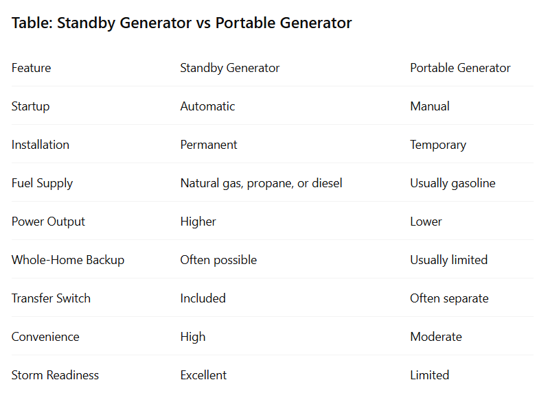 Table: Standby Generator vs Portable Generator