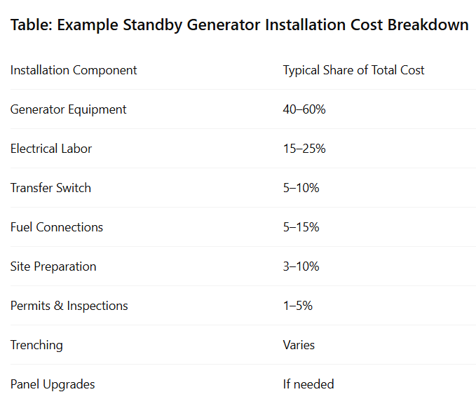 Table: Example Standby Generator Installation Cost Breakdown