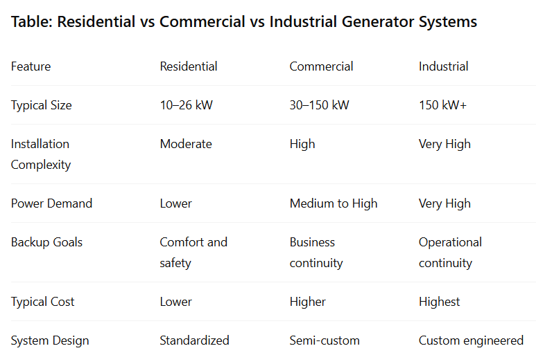 Table: Residential vs Commercial vs Industrial Generator Systems