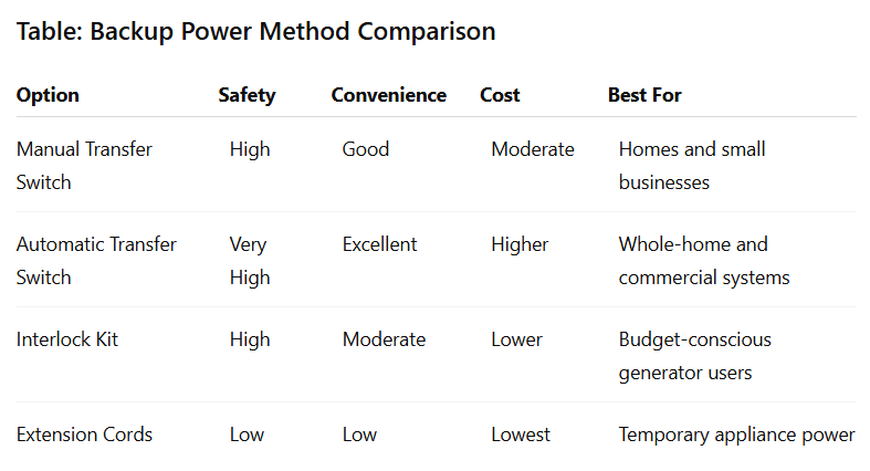 Table: Backup Power Method Comparison
