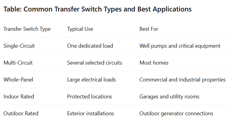 Table: Common Transfer Switch Types and Best Applications