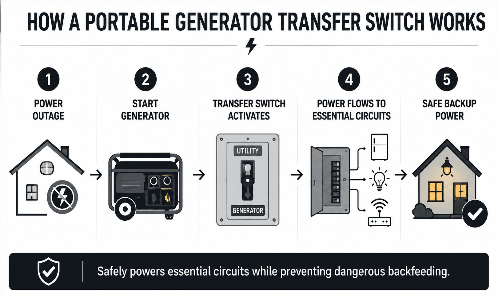 How a portable generator transfer switch works infographic showing the process from a power outage to generator startup, transfer switch activation, and safe backup power for essential circuits.