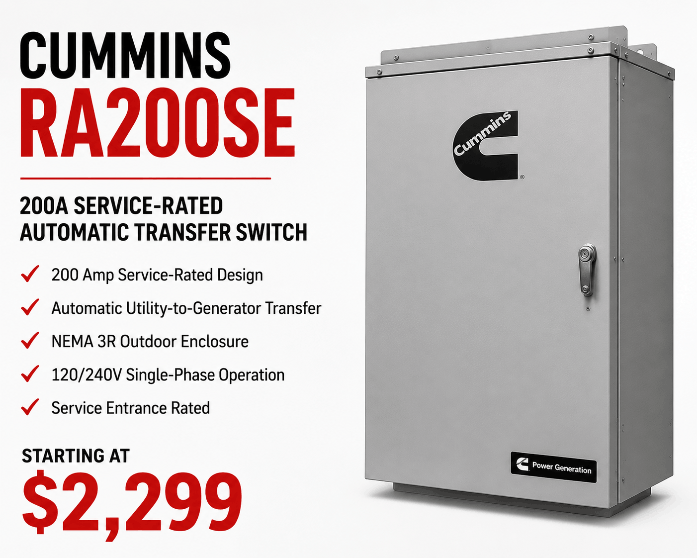 Cummins RA200SE 200A service-rated automatic transfer switch with NEMA 3R outdoor enclosure, featuring automatic utility-to-generator power transfer, single-phase 120/240V operation, and durable backup power protection for residential and light commercial applications.