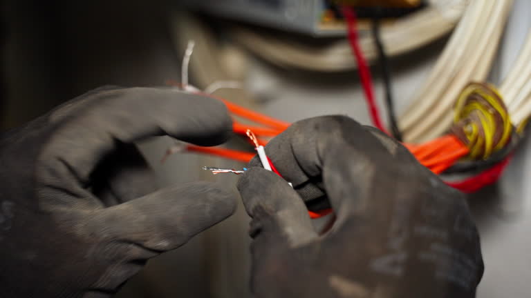 BNC connectors and network cables during a security camera installation or maintenance task. The image represents modern surveillance system setup, network diagnostics, and technical maintenance work in the field of security systems and electronics.